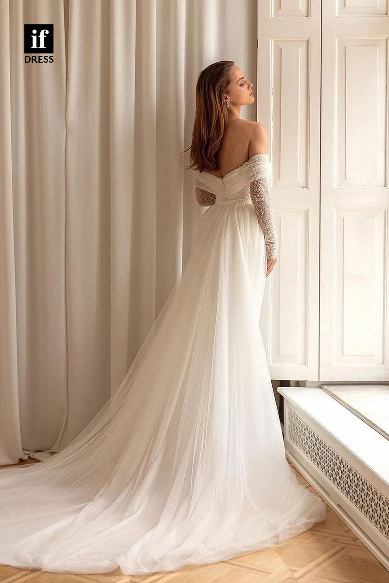 31529 - Romantic Off-Shoulder Long Sleeves Sequins Sparkly Wedding Dress