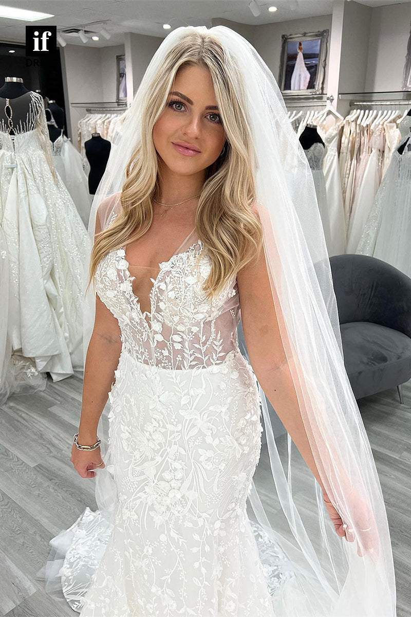 31532 - Stylish Plunging V-Neck Lace Appliques Mermaid Wedding Dress
