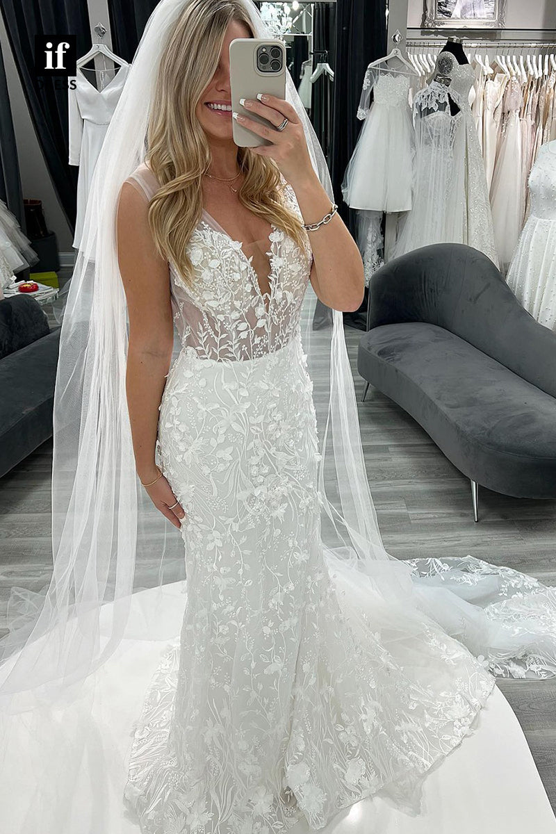 31532 - Stylish Plunging V-Neck Lace Appliques Mermaid Wedding Dress