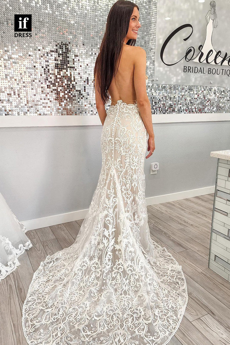31533 - Elegant HalterV-Neck Lace Appliques Beach Wedding Dress