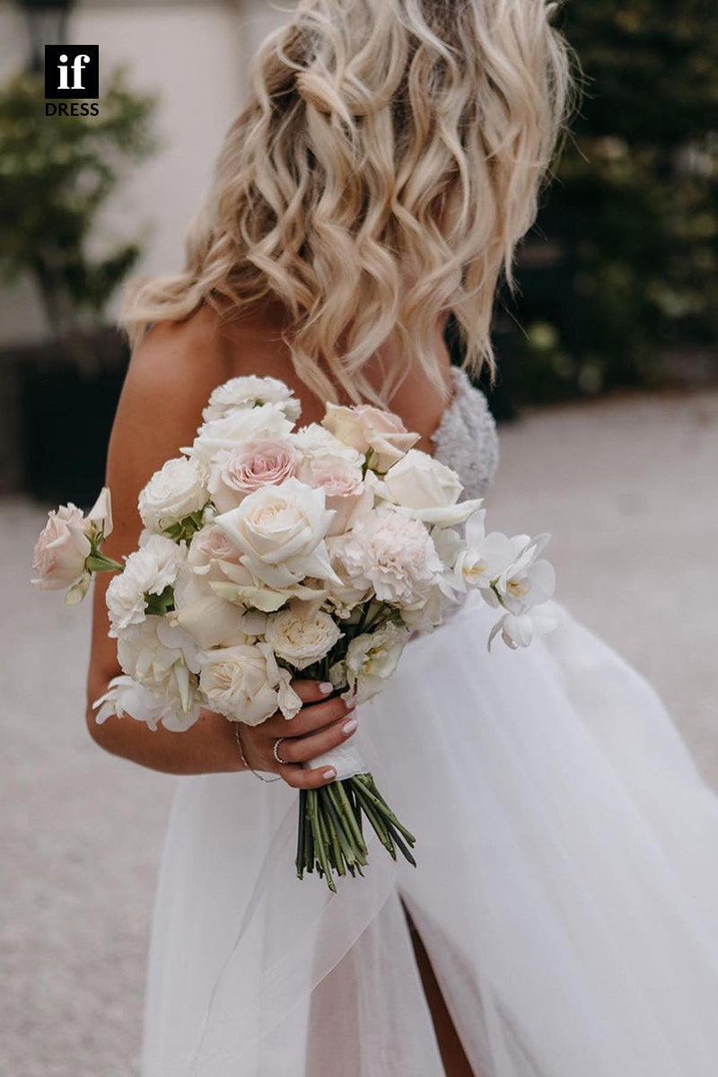 31535 - Romantic A-Line Sweetheart Off-Shoulder Beaded Tulle Wedding Dress