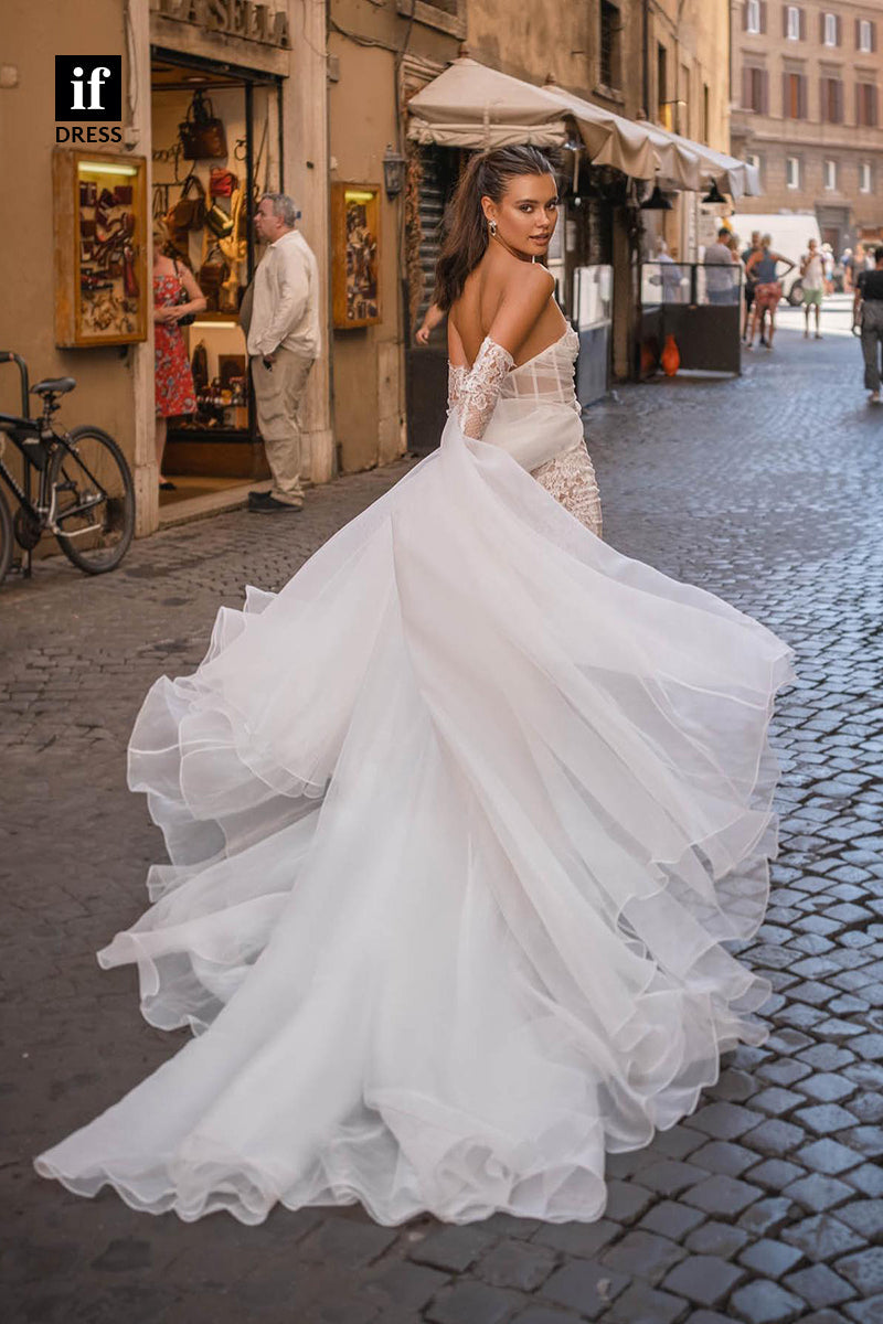 31538 - Attravtive Long Sleeves Off-Shoulder Sweetheart Tulle Wedding Dress