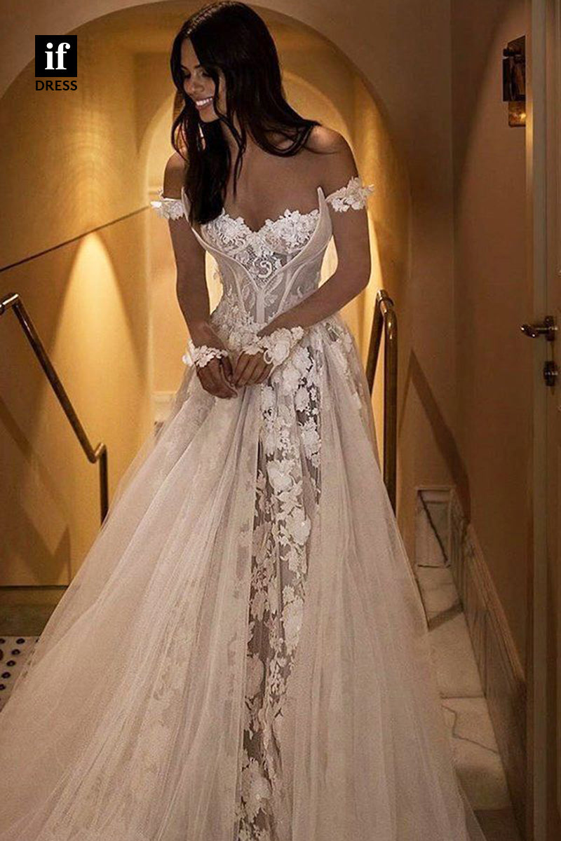 31539 - Elegant Sweetheart Off-Shoulder Appliaues Tulle Wedding Dress