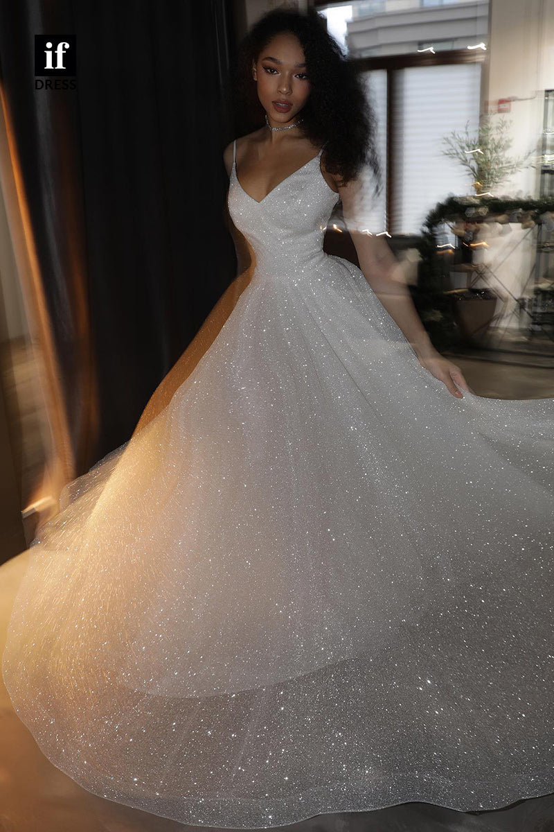31540 - Dramatic A-Line Spaghetti Straps V-Neck Sparkly Wedding Dress