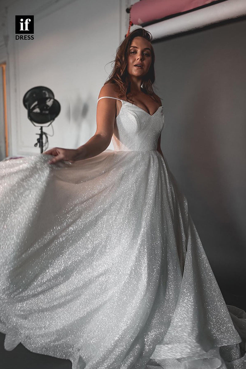 31540 - Dramatic A-Line Spaghetti Straps V-Neck Sparkly Wedding Dress