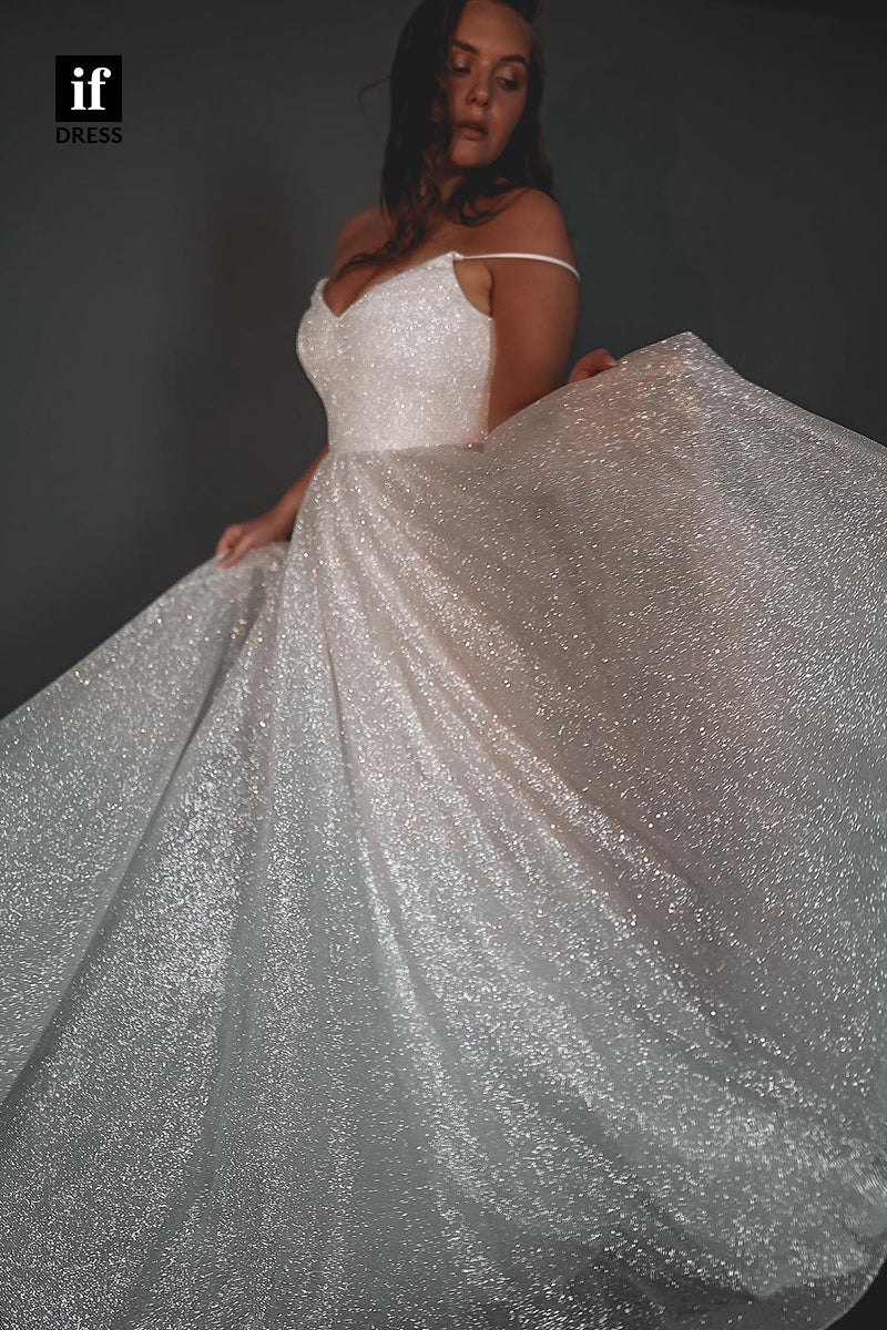 31540 - Dramatic A-Line Spaghetti Straps V-Neck Sparkly Wedding Dress