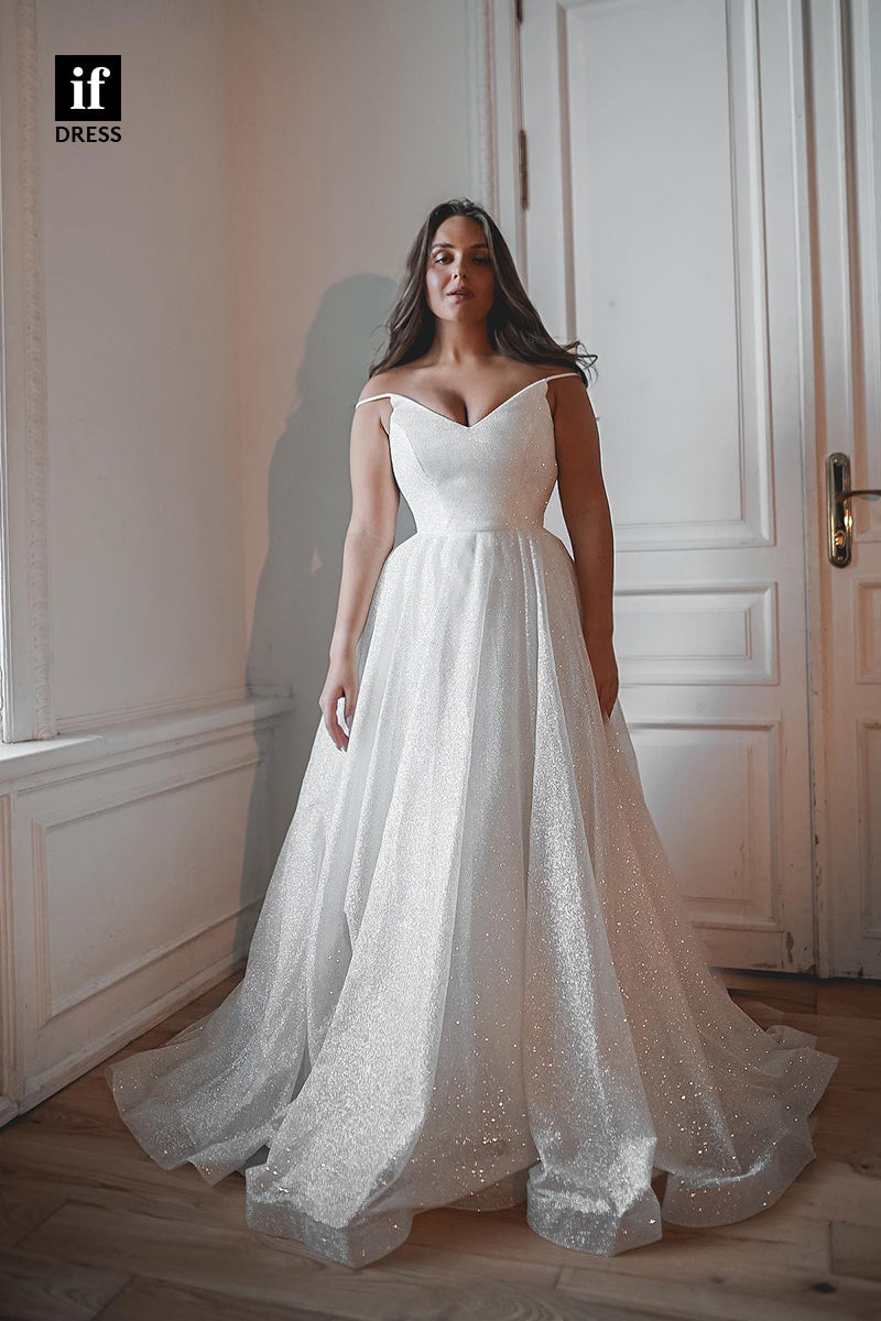 31540 - Dramatic A-Line Spaghetti Straps V-Neck Sparkly Wedding Dress