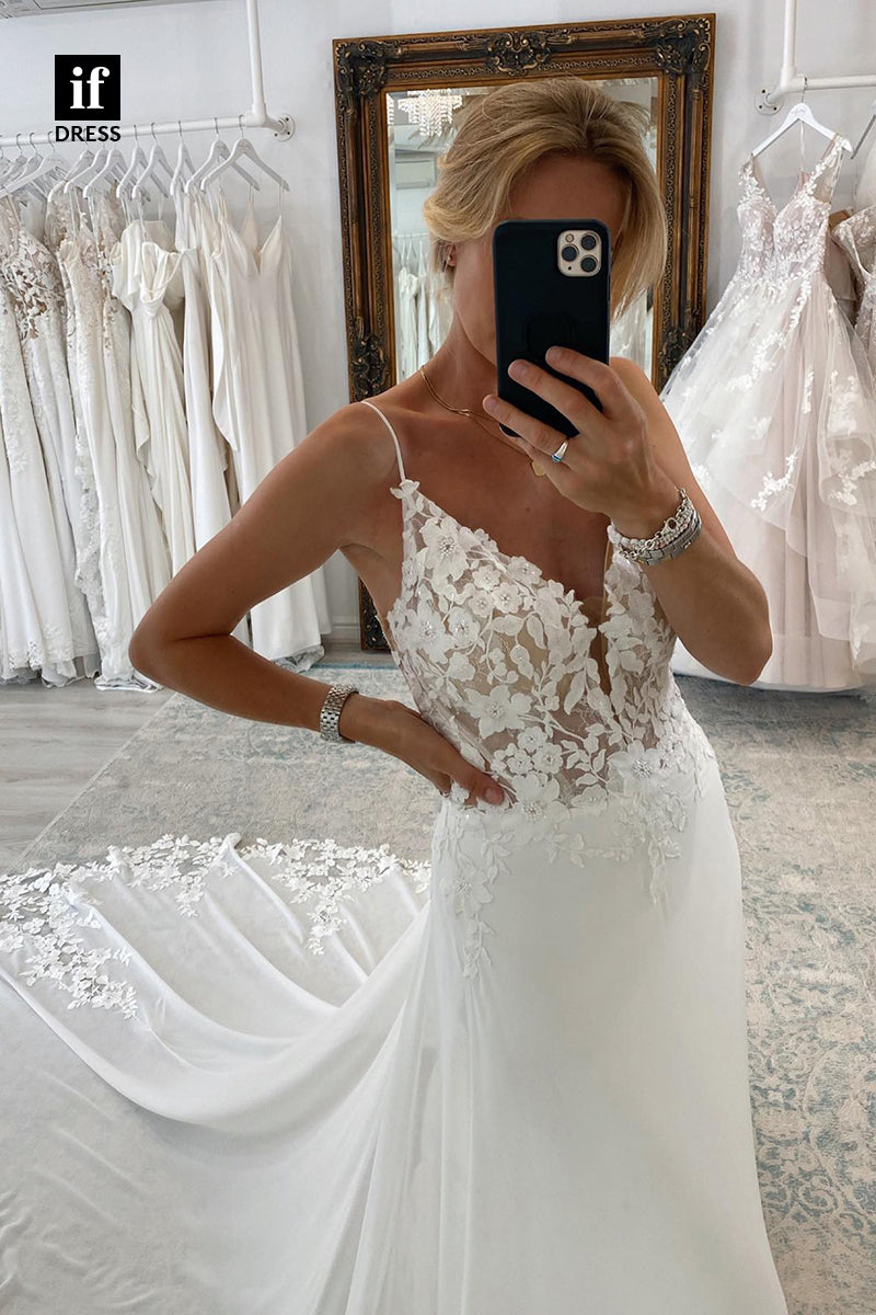 31544 - Attractive A-Line Spaghetti Straps V-Neck Lace Tulle Wedding Dress