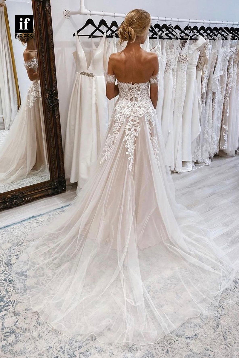 31545 - Classic A-Line Off-Shoulder Cap Sleeves Lace Appliques Wedding Dress