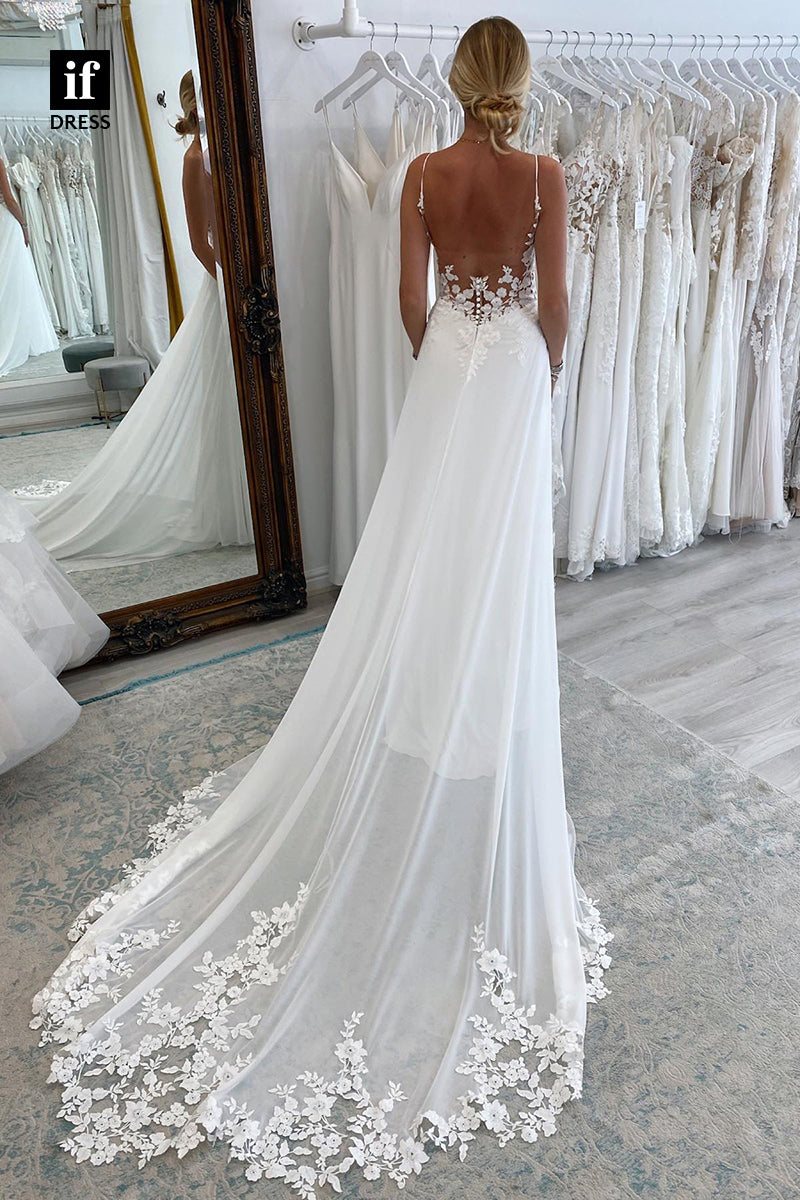 31547 - Elegant A-Line Spaghetti Straps V-Neck Lace Appliques Wedding Dress