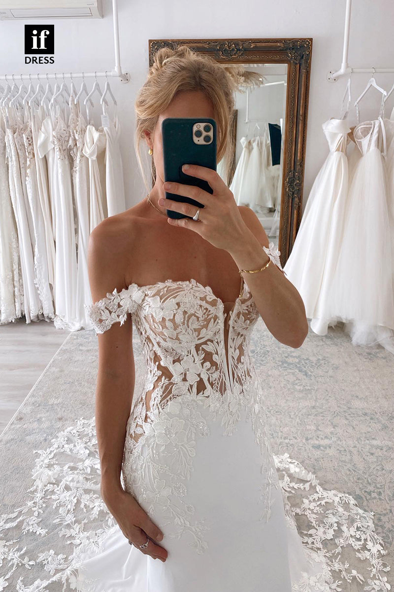 31549 - Glamorous Off-Shoulder Cap Sleeves Trumpet Wedding Dress