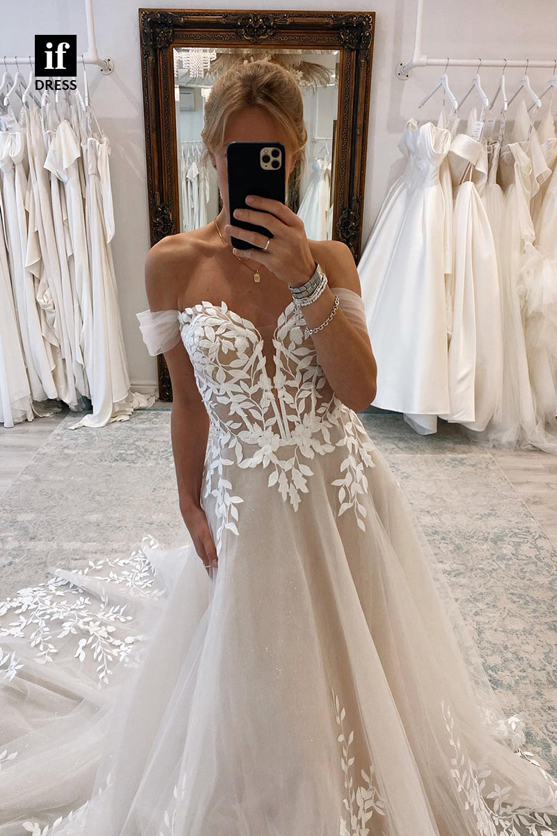 31550 - Stylish A-Line Off-Shoulder Cap Sleeves Lace Appliques Wedding Dress