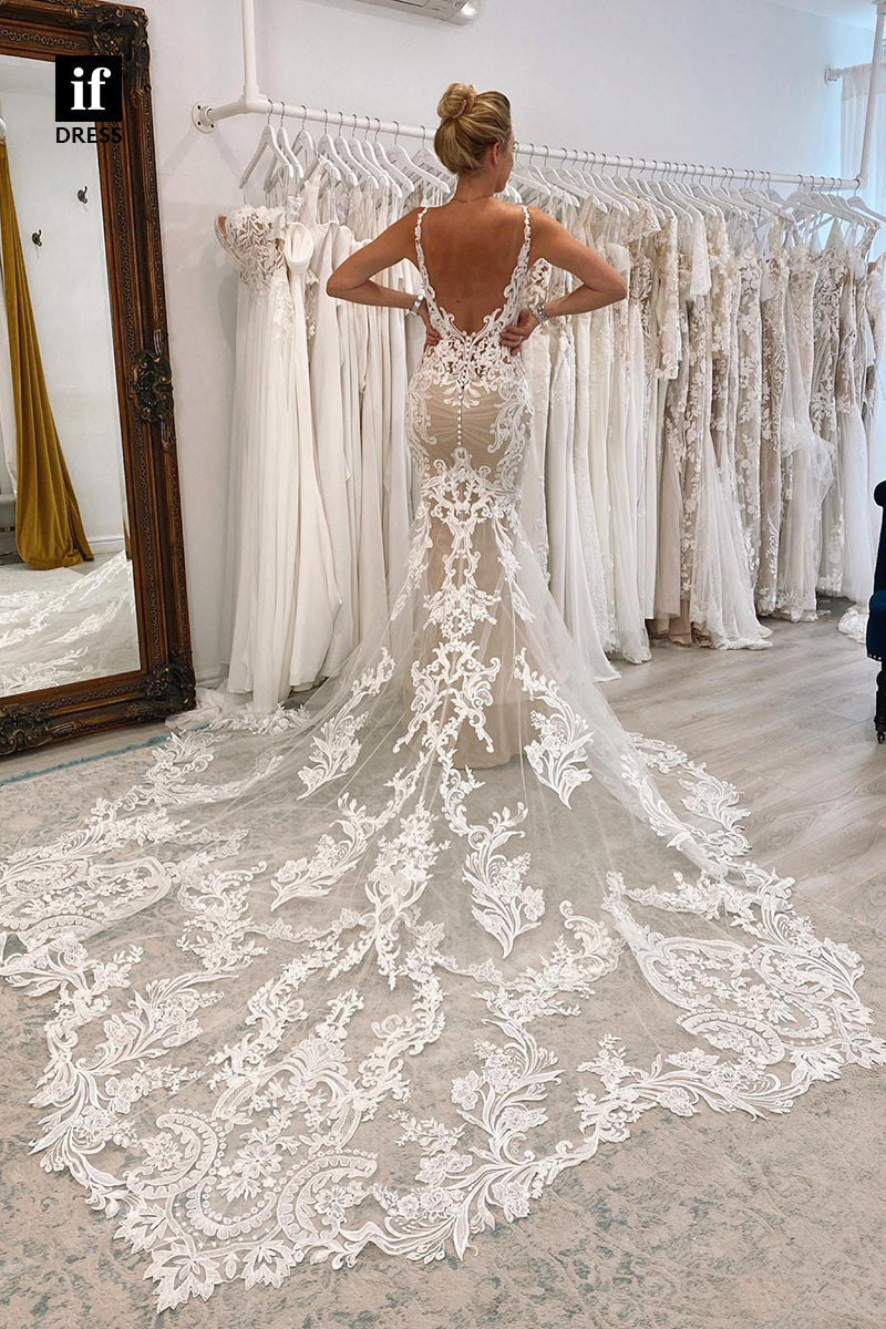 31551 - Illusion Double Straps V-Neck Lace Appliques Mermaid Wedding Dress