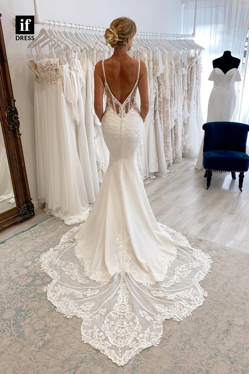 31553 - Romantic Spaghetti Straps Long Sleeves Lace Appliques Wedding Dress