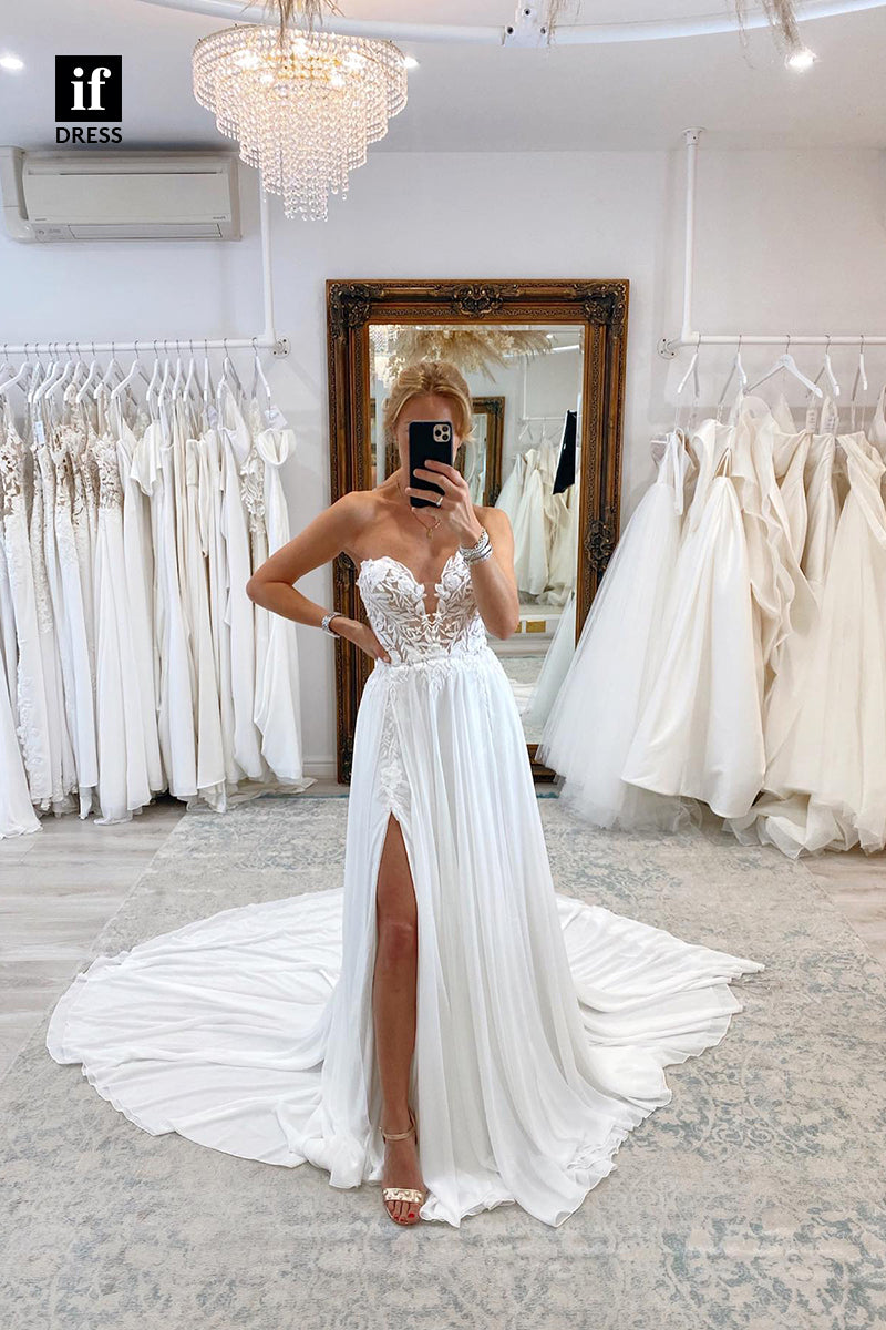 31554 - Illusion Off-Shoulder V-Neck Side Split Lace Appliques Wedding Gown