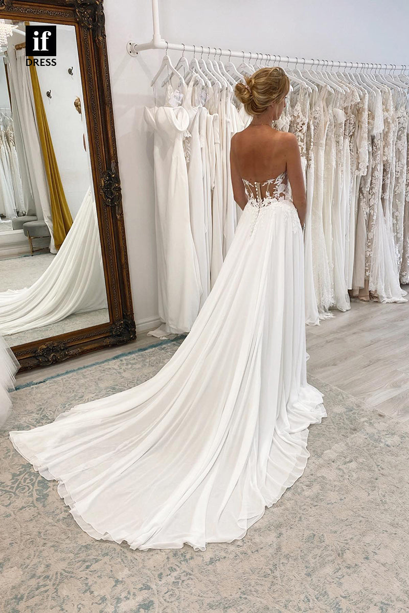 31554 - Illusion Off-Shoulder V-Neck Side Split Lace Appliques Wedding Gown