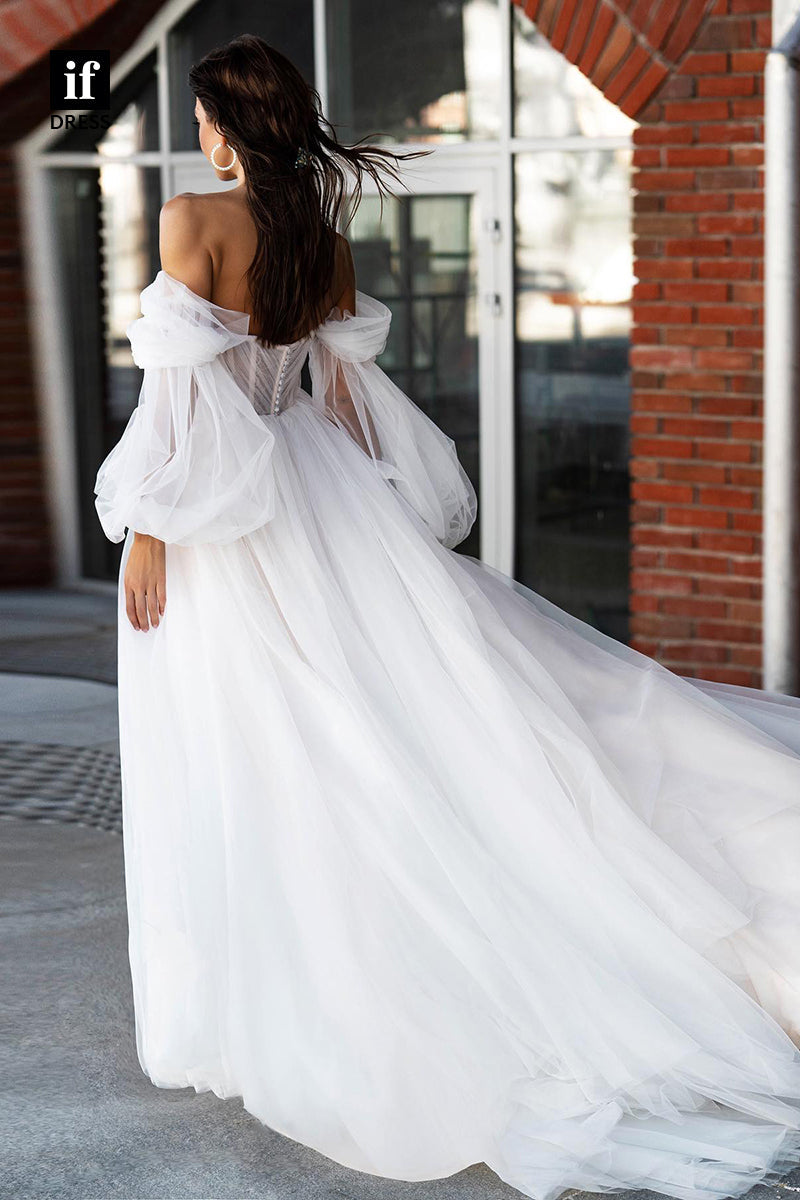 31561 - Trendy Off-Shoulder Sweetheart Cap Sleeves Tulle Wedding Gown