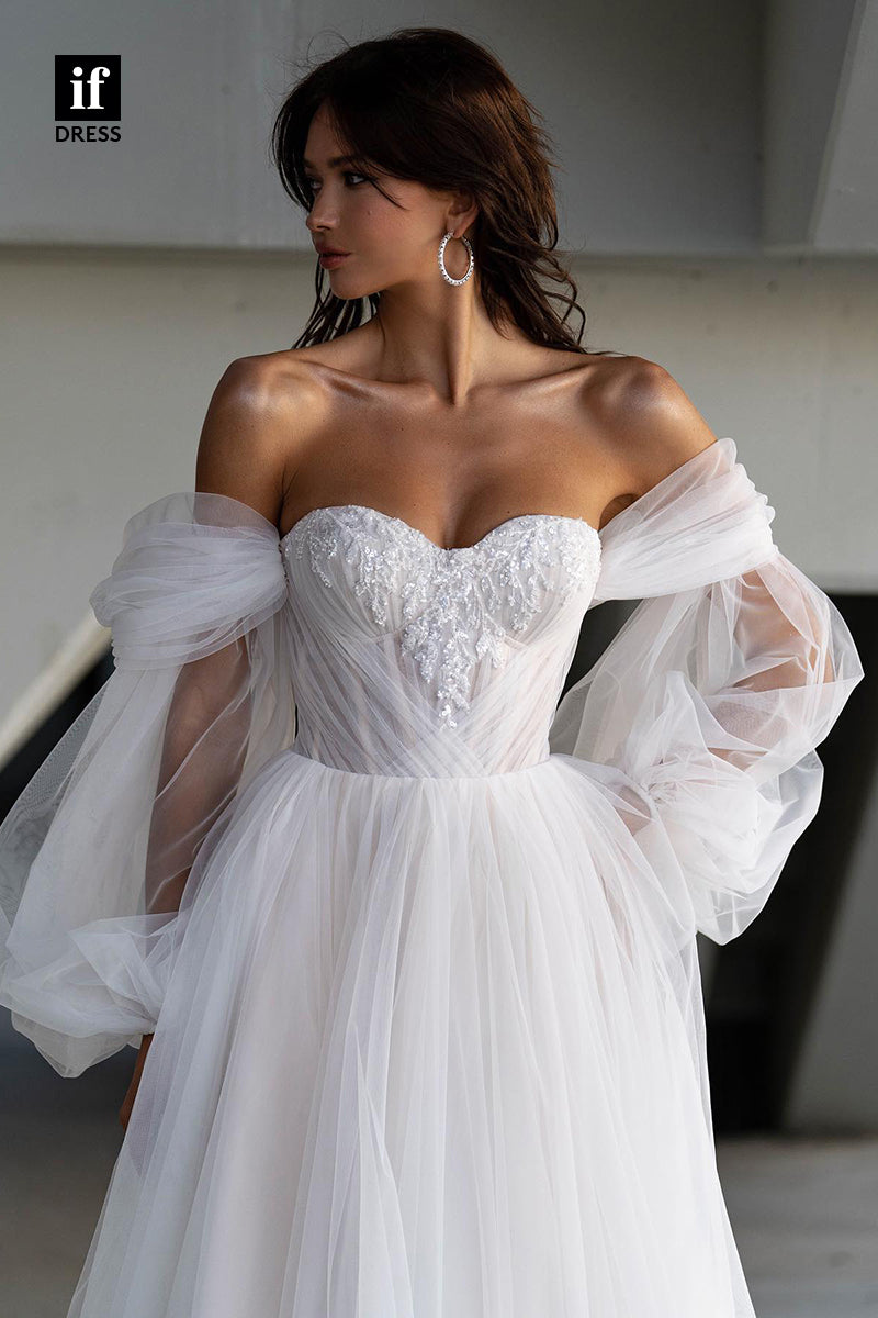 31561 - Trendy Off-Shoulder Sweetheart Cap Sleeves Tulle Wedding Gown