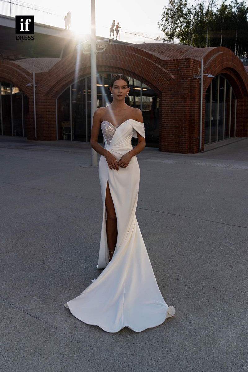 31562 - Sexy Off-Shoulder Sweetheart High Split Beaded Satin Wedding Dress