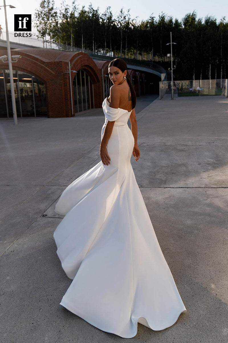 31562 - Sexy Off-Shoulder Sweetheart High Split Beaded Satin Wedding Dress