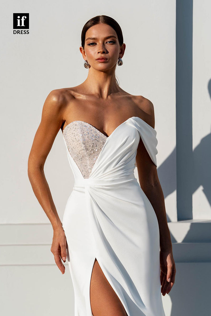 31562 - Sexy Off-Shoulder Sweetheart High Split Beaded Satin Wedding Dress