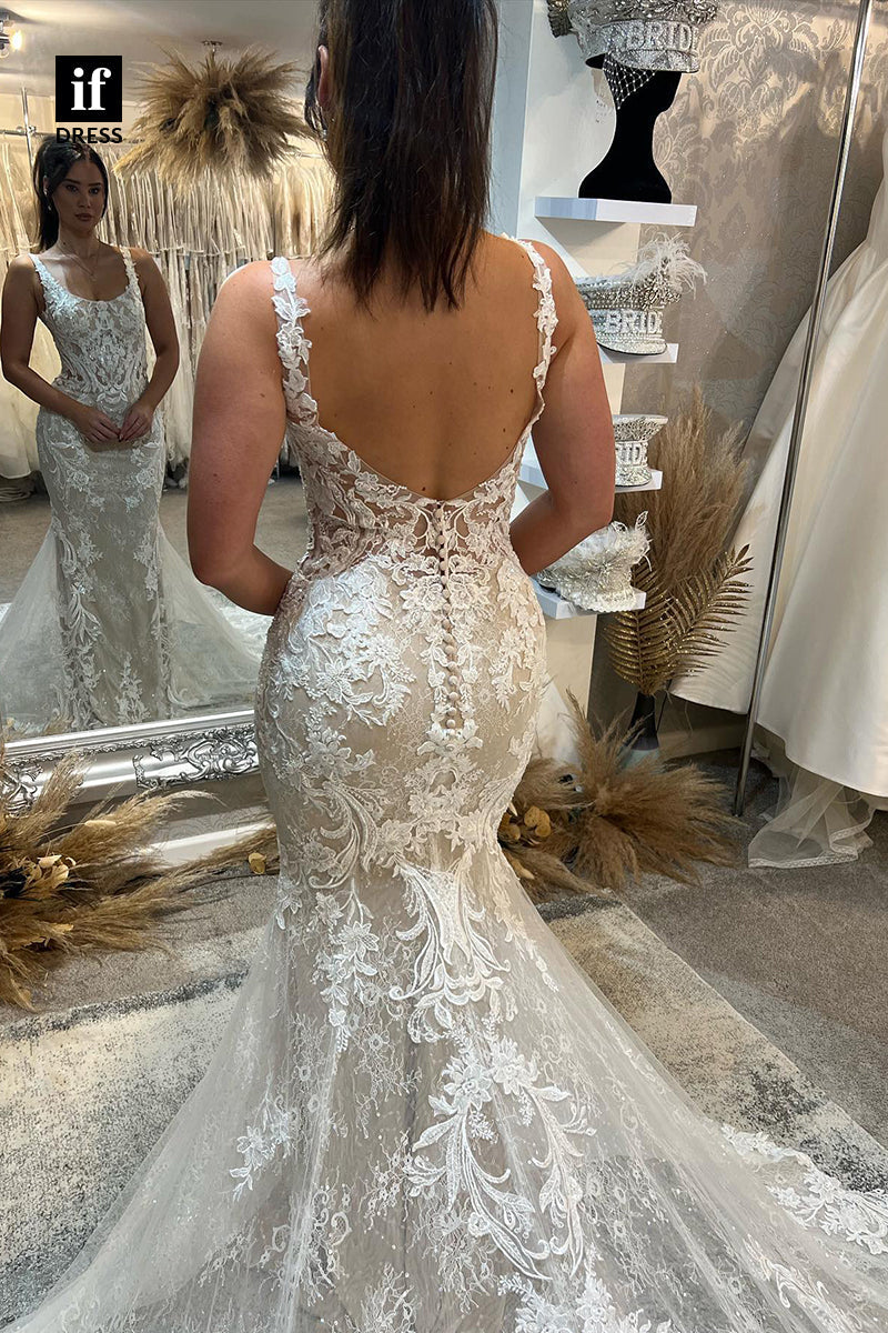 31567 - Generous Double Straps Scoop Appliques Trumpet Wedding Gown