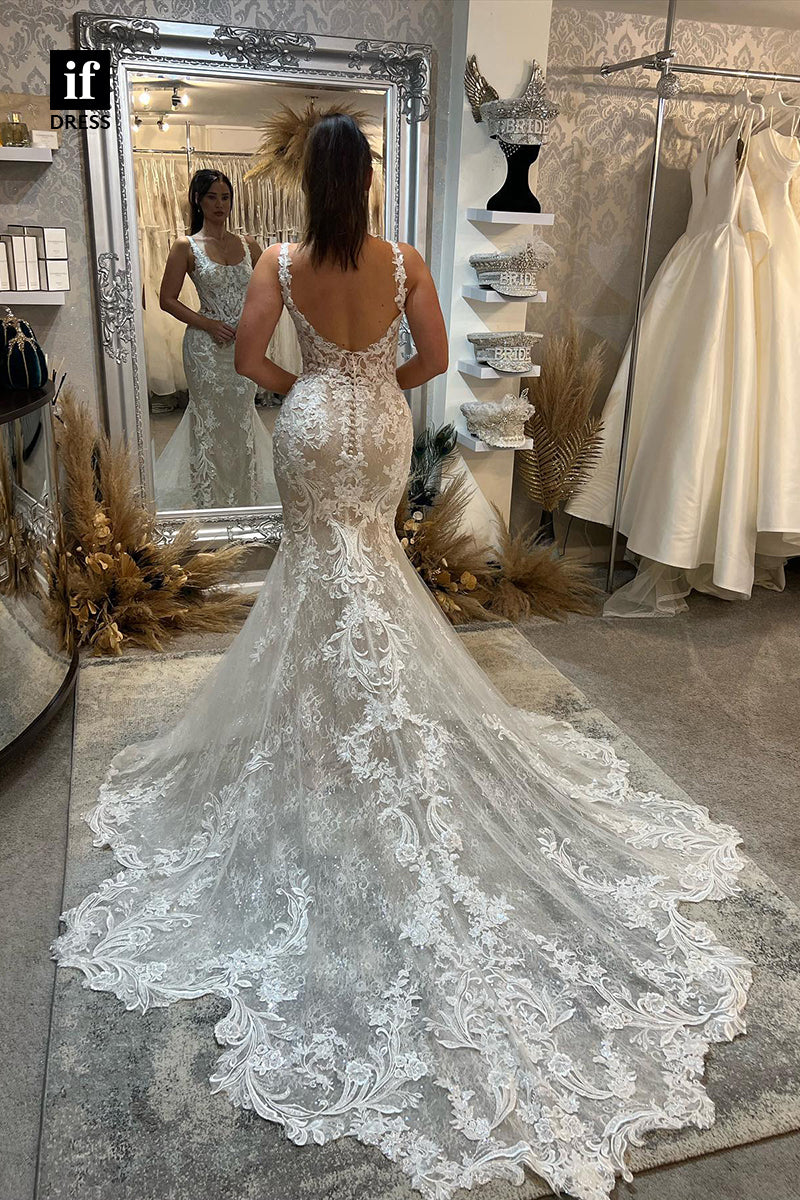 31567 - Generous Double Straps Scoop Appliques Trumpet Wedding Gown