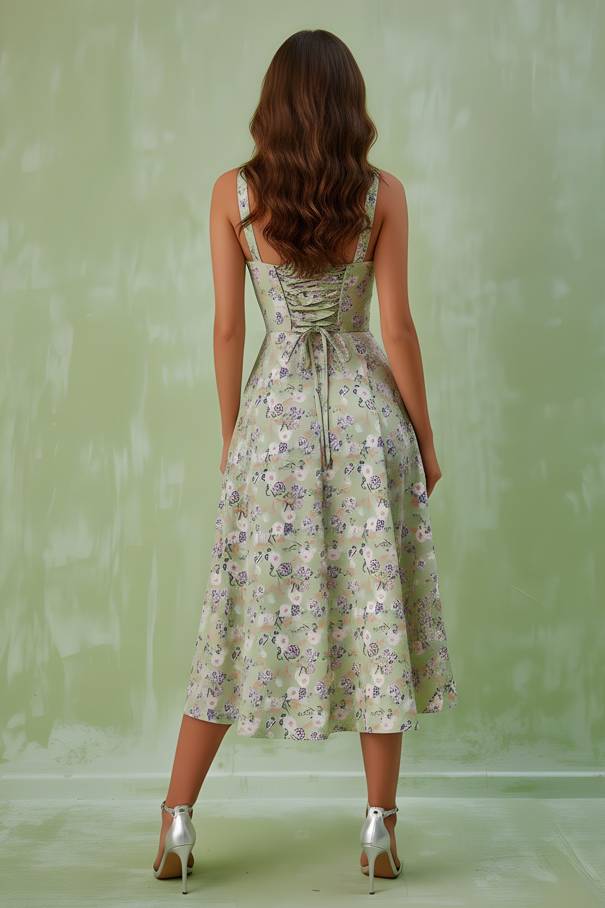 Charming Floral Print Lace-Up Slit A-Line Midi Dress