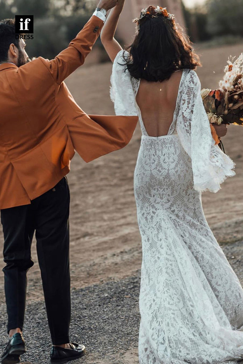 31611 - Distinctive Long Sleeves V-Neck Column Lace Bohemain Wedding Dress