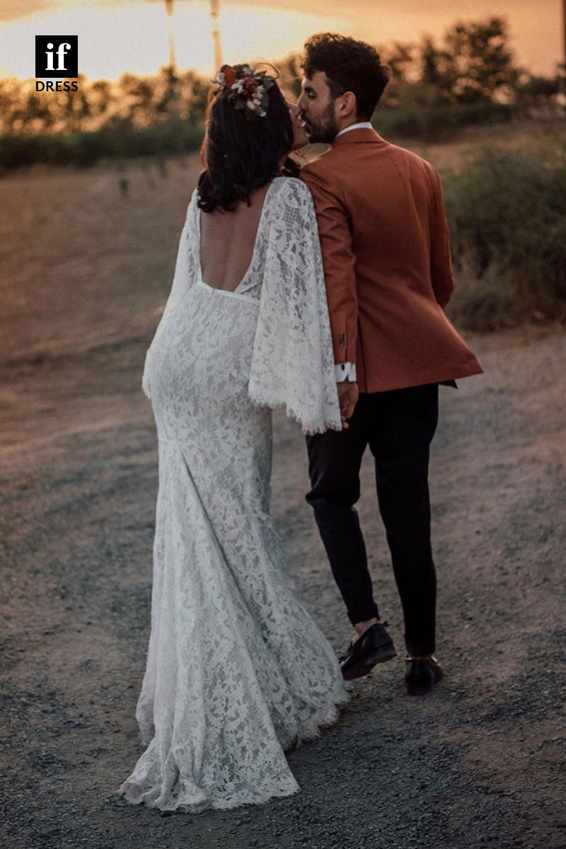 31611 - Distinctive Long Sleeves V-Neck Column Lace Bohemain Wedding Dress