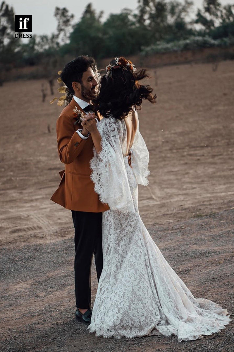 31611 - Distinctive Long Sleeves V-Neck Column Lace Bohemain Wedding Dress