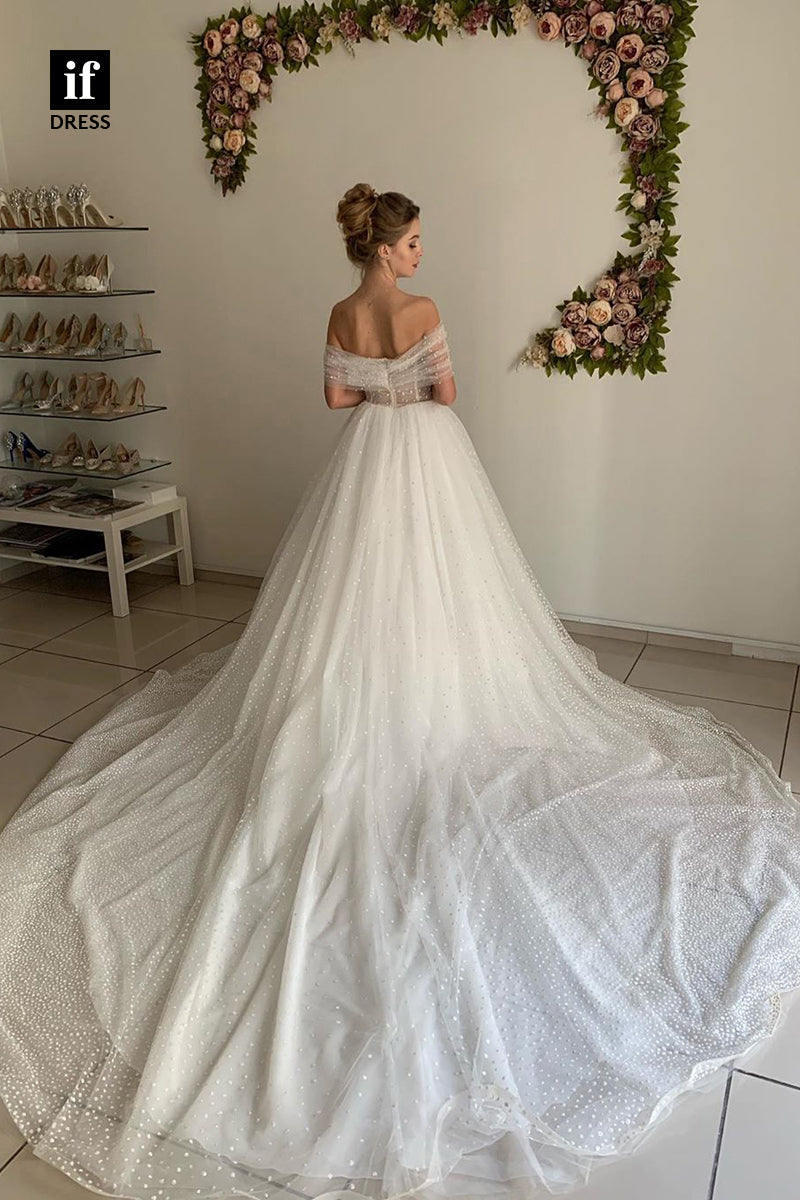 31614 - Stylish Off-Shoulder A-Line Cap Sleeves Tulle Boho Wedding Dress