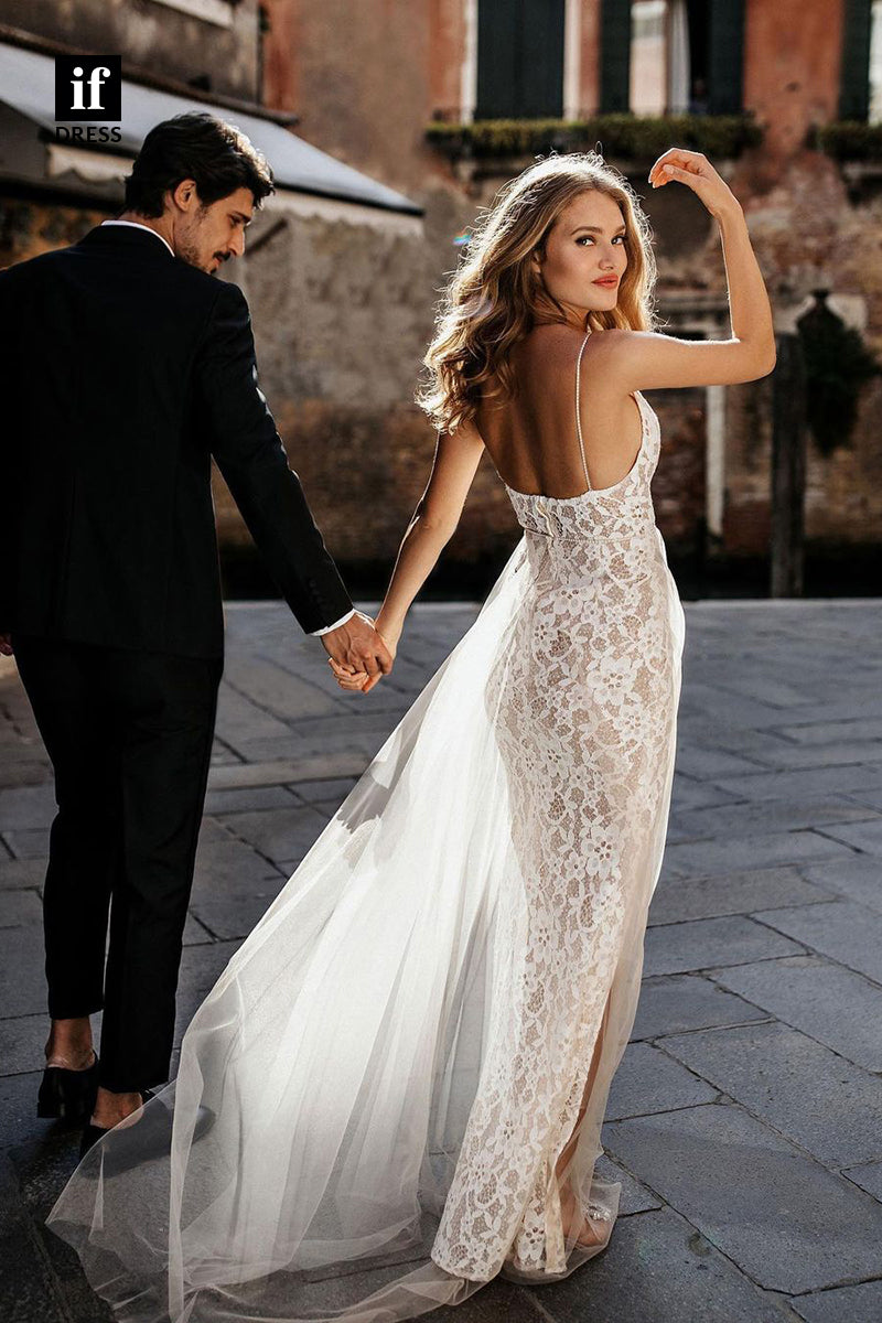 31617 - Sexy Spaghetti Straps V-Neck High Split Lace Boho Wedding Dress