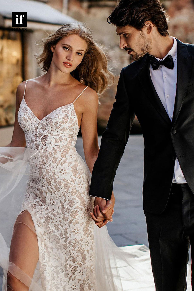 31617 - Sexy Spaghetti Straps V-Neck High Split Lace Boho Wedding Dress