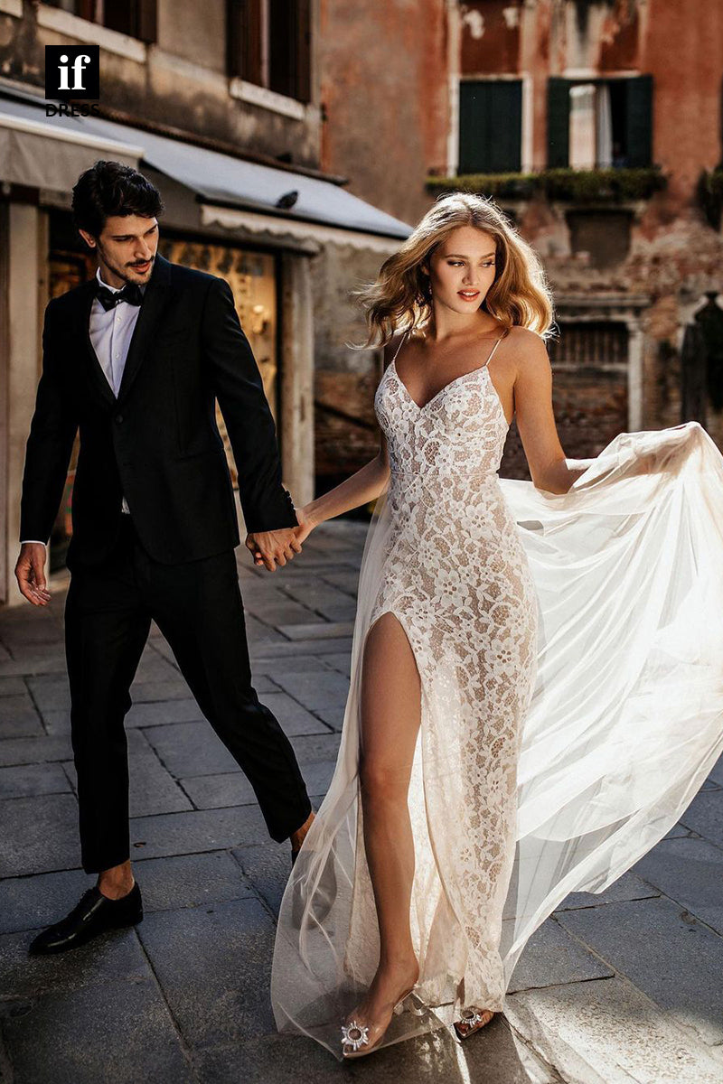 31617 - Sexy Spaghetti Straps V-Neck High Split Lace Boho Wedding Dress
