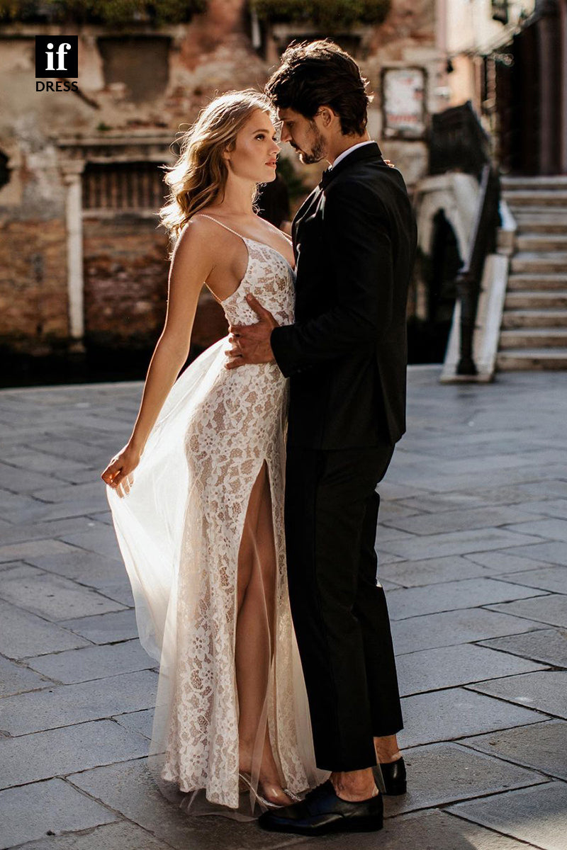 31617 - Sexy Spaghetti Straps V-Neck High Split Lace Boho Wedding Dress