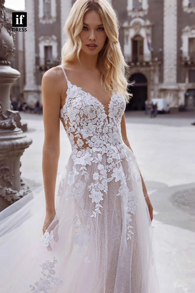 31623 - A-Line Spaghetti Sleeveless Lace Appliques Boho Wedding Dress