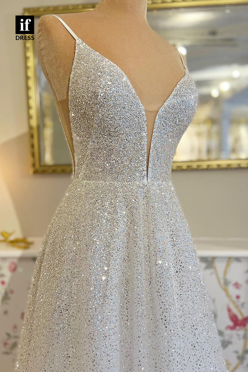 31627 - Sparkly Spaghetti Straps Plunging V-Neck Sequined Wedding Dress