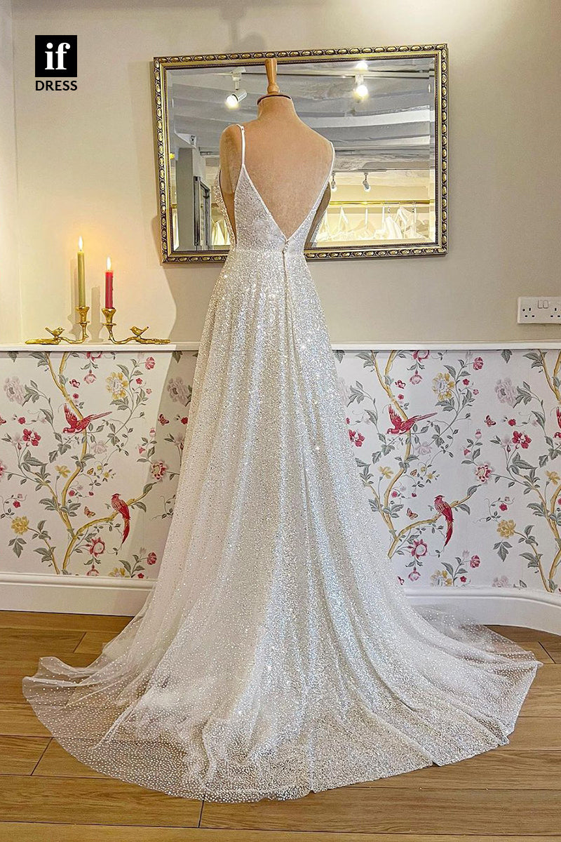 31627 - Sparkly Spaghetti Straps Plunging V-Neck Sequined Wedding Dress