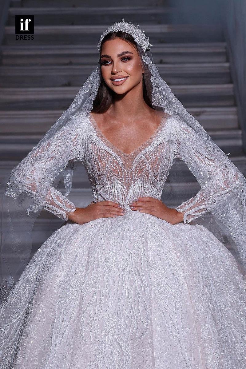 31630 - Unique Long Sleeves V-Neck Ball Gown Sparkly Wedding Dress