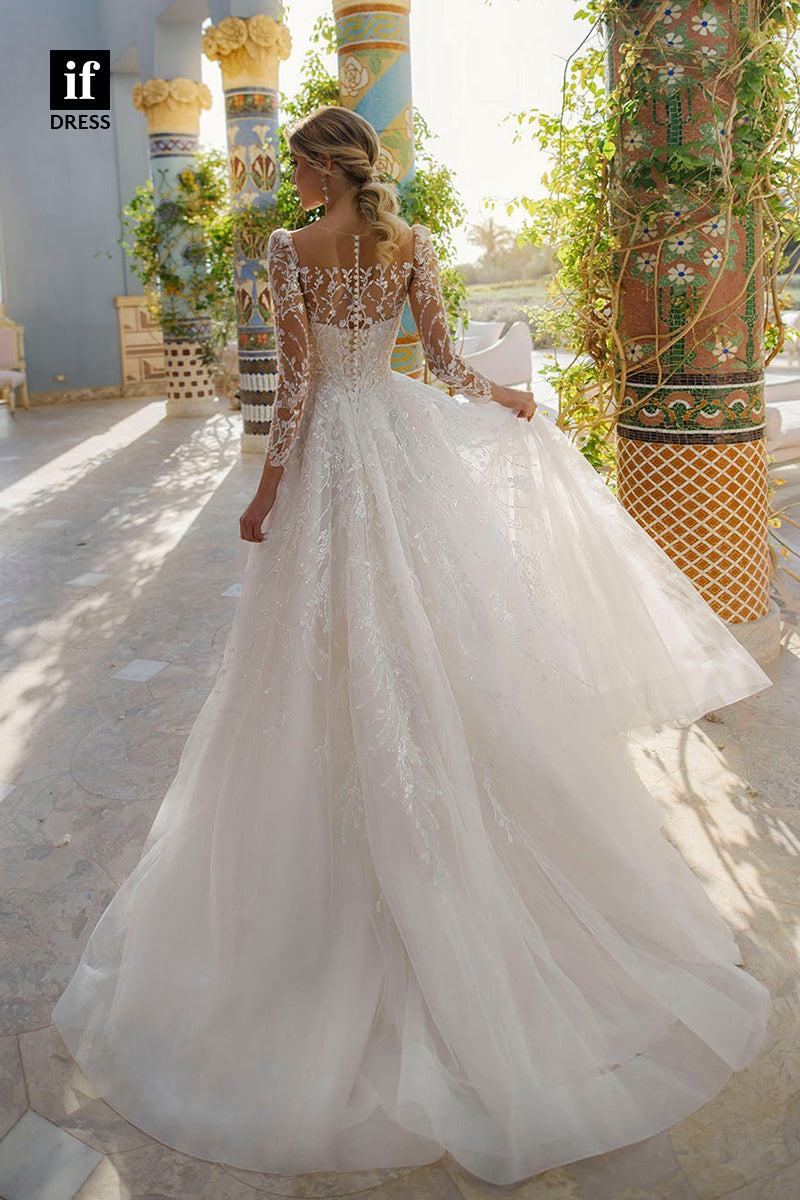 31632 - Elegant A-Line Long Sleeves Square Lace Appliques Boho Wedding Dress