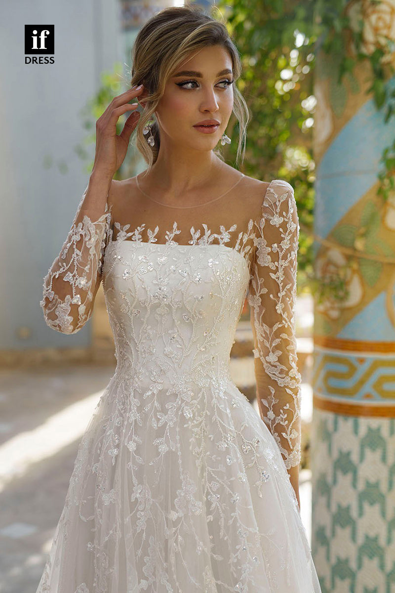 31632 - Elegant A-Line Long Sleeves Square Lace Appliques Boho Wedding Dress