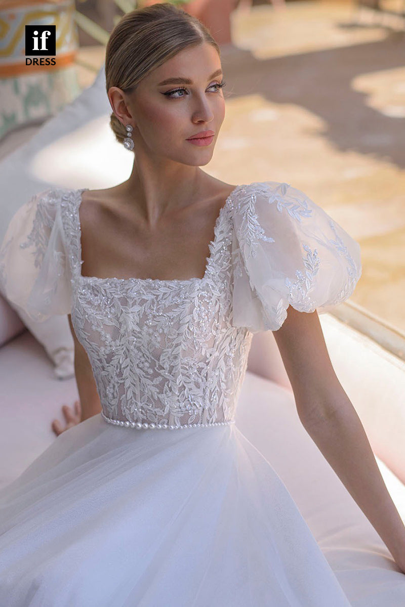 31634 - Elegant A-Line Square Cap Sleeves Boho Wedding Dress
