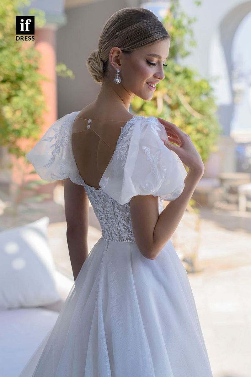 31634 - Elegant A-Line Square Cap Sleeves Boho Wedding Dress