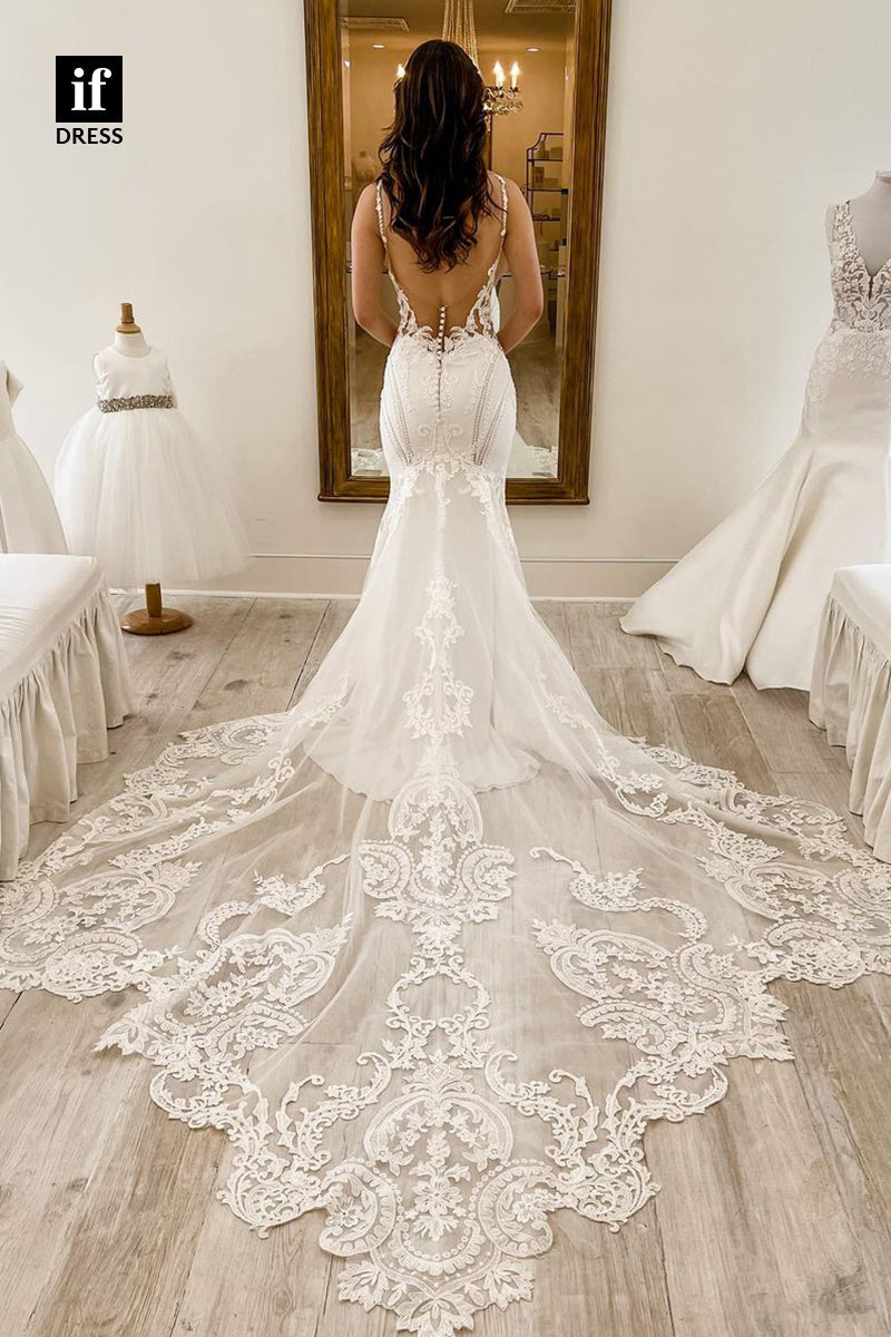 31635 - Classic Double Straps V-Neck Lace Appliques Boho Wedding Dress