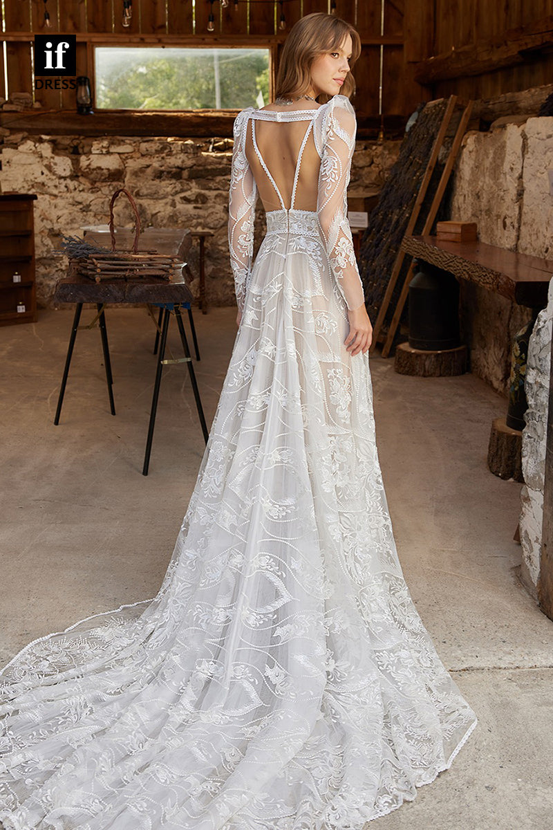 31641 - Romantic Long Sleeves Plunging V-Neck Lace Boho Wedding Dress