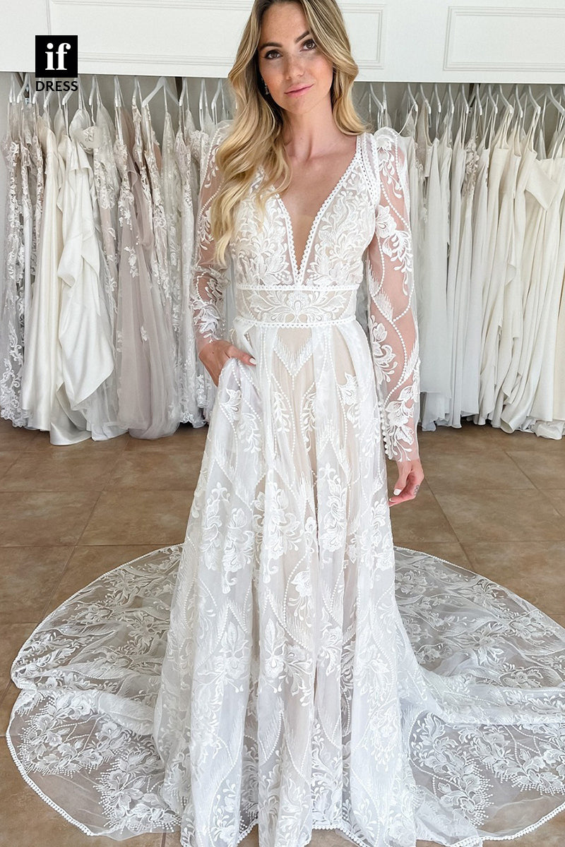 31641 - Romantic Long Sleeves Plunging V-Neck Lace Boho Wedding Dress