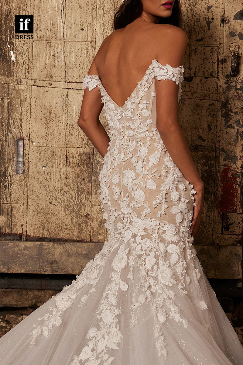 31642 - Luxurious Off-Shoulder V-Neck Lace Appliques Mermaid Wedding Dress