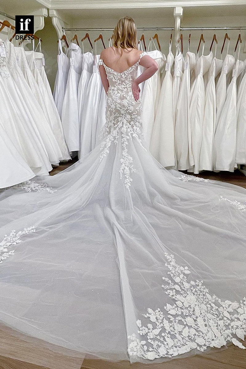 31642 - Luxurious Off-Shoulder V-Neck Lace Appliques Mermaid Wedding Dress