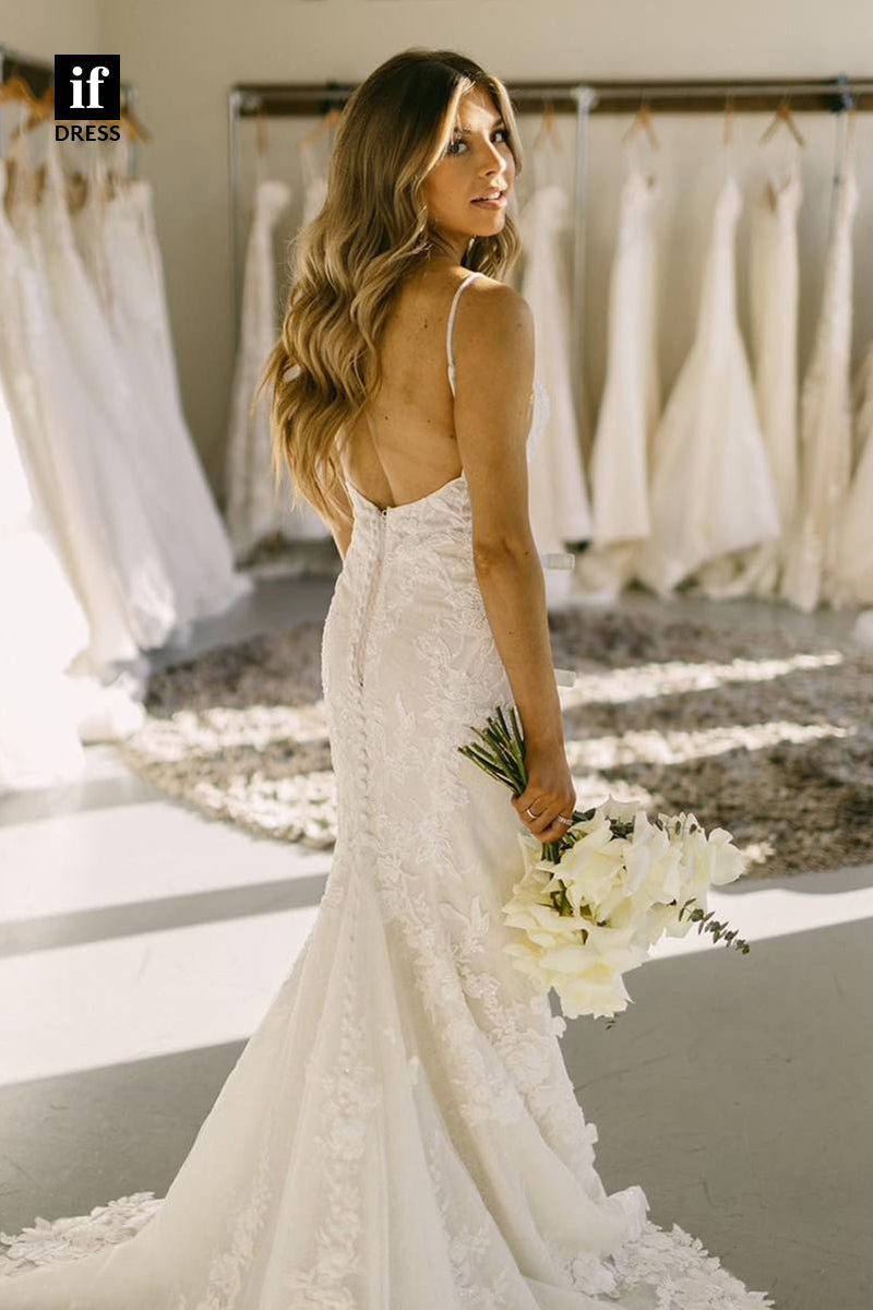 31643 - Glamorous Spaghetti Straps V-Neck Lace Mermaid Wedding Dress